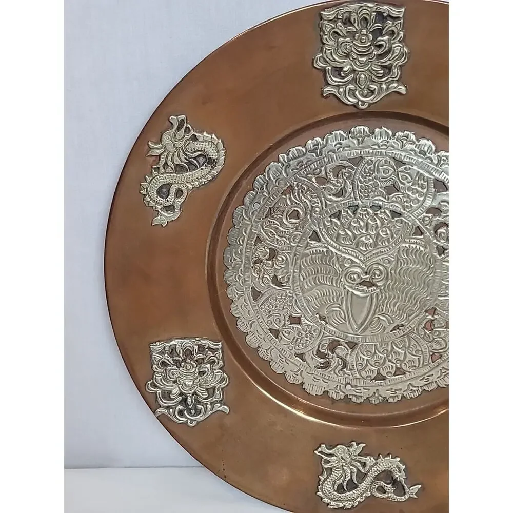Antique Brass Copper Dragon Koi Decorative Plate Original Hand Crafted Engraved